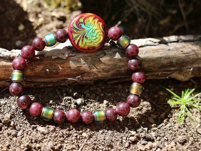 Color-changing Mood Mirāja collection. Dark Red Garnet Jade Beads with Mirage Mood Radiant Rouge Coin. Creating unique colors