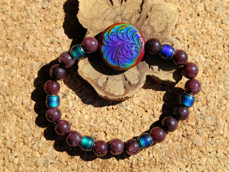 Color-changing Mood Mirāja collection. Dark Red Garnet Jade Beads with Mirage Mood Radiant Rouge Coin. Creating unique colors