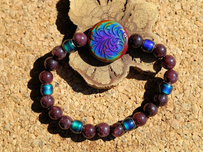 Color-changing Mood Mirāja collection. Dark Red Garnet Jade Beads with Mirage Mood Radiant Rouge Coin. Creating unique colors