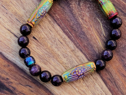 Color-changing Mirāja collection. Dark Red Garnet Jade Beads with Mirage Mood Daisy Ray. making it a popular choice for spiritual practices