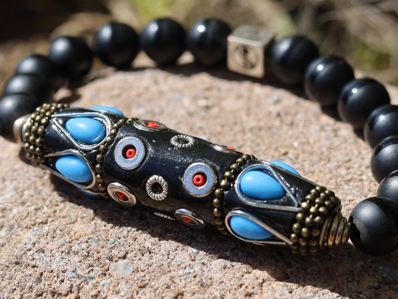Amazing big Handmade Indonesia Bead combined 10 mm Black Agate beads. The artistry and a creativity of Indonesian beads is truly inspiring.