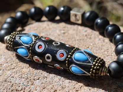 Amazing big Handmade Indonesia Bead combined 10 mm Black Agate beads. The artistry and a creativity of Indonesian beads is truly inspiring.
