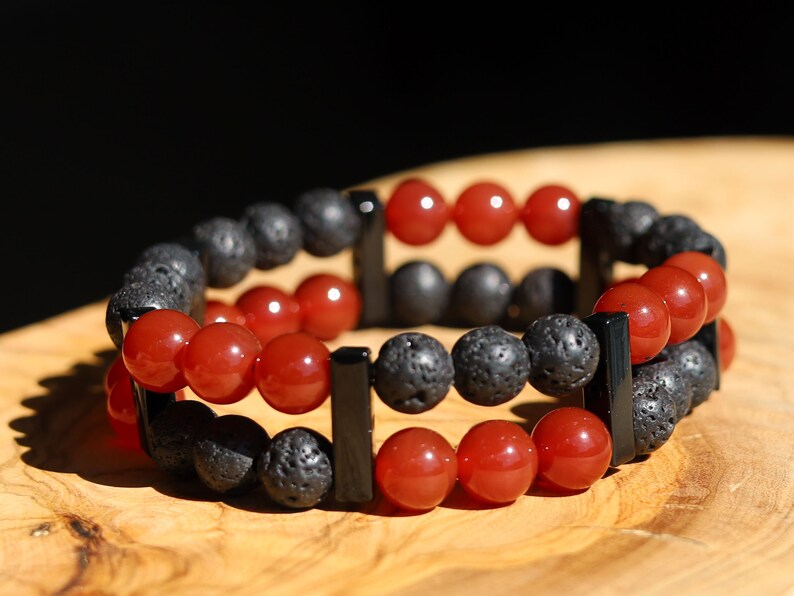 Crazy Double row beaded bracelets. Two Row Stone Bracelets.  Stone Red Chalcedony with Lava rocks. handmade  on-trend unique jewelry