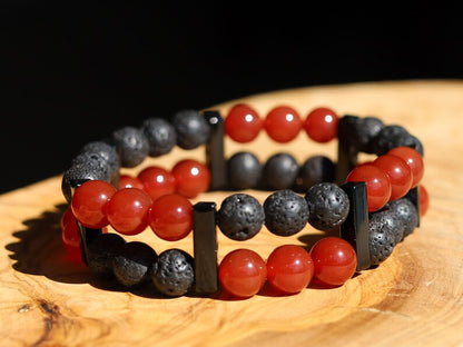 Crazy Double row beaded bracelets. Two Row Stone Bracelets.  Stone Red Chalcedony with Lava rocks. handmade  on-trend unique jewelry