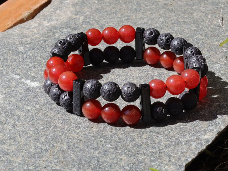 Crazy Double row beaded bracelets. Two Row Stone Bracelets.  Stone Red Chalcedony with Lava rocks. handmade  on-trend unique jewelry