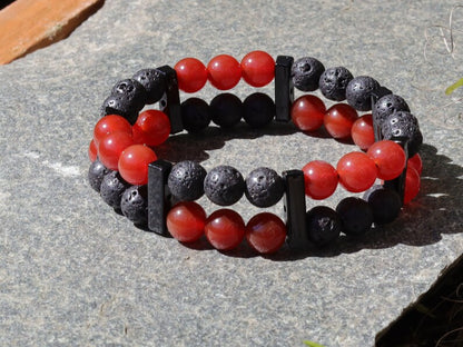 Crazy Double row beaded bracelets. Two Row Stone Bracelets.  Stone Red Chalcedony with Lava rocks. handmade  on-trend unique jewelry