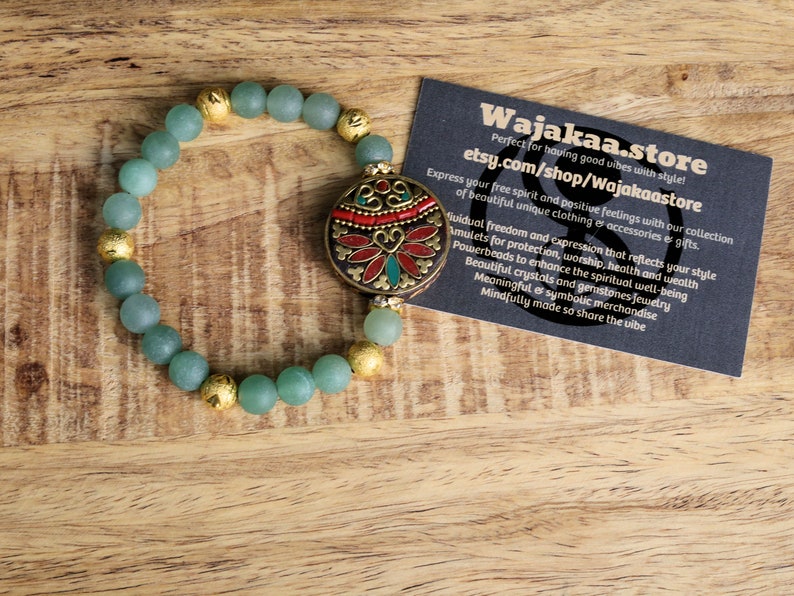 Beautiful combination. Frosted Round Natural Green Aventurine Beads bracelet combined with Gold Carved Brass Metal Loose Beads.