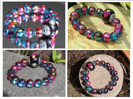Handmade Indonesia Beads, with BLACK Resin Beads and Alloy Findings, Round, Antique Silver, Mixed Color. With Bead Cosmic Round Ø12mm Azure w Pink beads. Total weight approx 41 gr.
