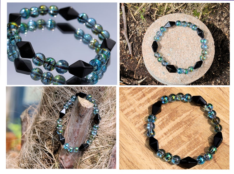 Cosmic round ø8mm sapphire w gold bracelet with Black rhombus glass bead 15x10mm. Diamond Glass Bead Black 15x10mm.