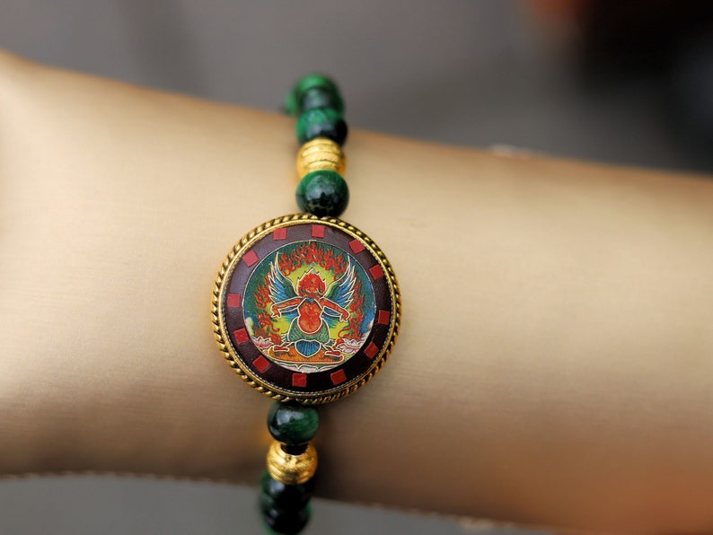 Unique, one of a kind Green Tiger's  bracelet with Ethnic Handmade Nepal Pendant God Of Wealth. bodhi, jade line, copper, sandalwood