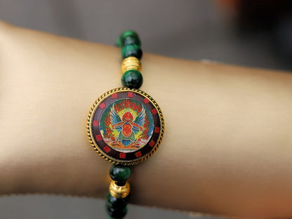 Unique, one of a kind Green Tiger's  bracelet with Ethnic Handmade Nepal Pendant God Of Wealth. bodhi, jade line, copper, sandalwood