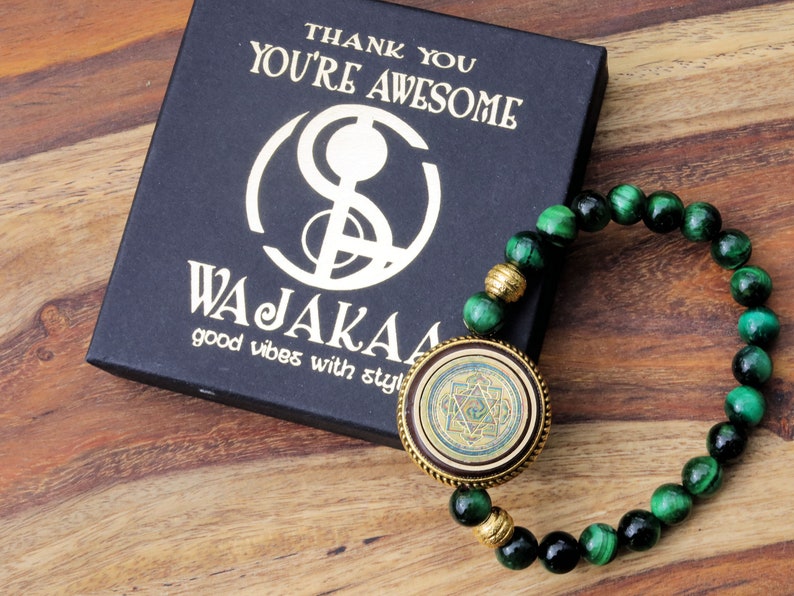 Unique, one of a kind Green Tiger's  bracelet with Ethnic Handmade Nepal Pendant God Of Wealth. bodhi, jade line, copper, sandalwood