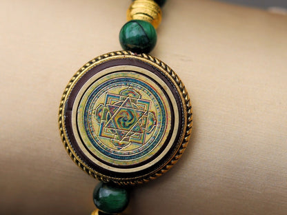 Unique, one of a kind Green Tiger's  bracelet with Ethnic Handmade Nepal Pendant God Of Wealth. bodhi, jade line, copper, sandalwood