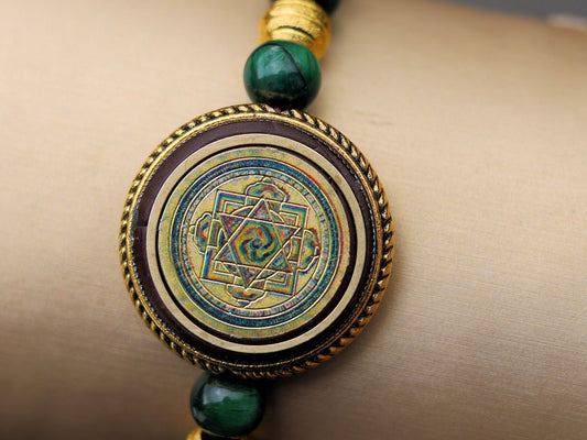 Unique, one of a kind Green Tiger's  bracelet with Ethnic Handmade Nepal Pendant God Of Wealth. bodhi, jade line, copper, sandalwood