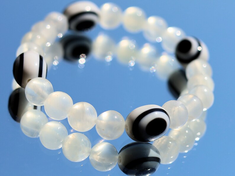White Line Collection:  Selenite gypsum bracelet with Eye of Luck Pearls -Ethnic Pearls-Black and White. handmade!