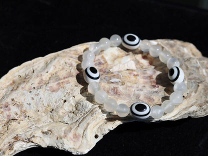White Line Collection:  Selenite gypsum bracelet with Eye of Luck Pearls -Ethnic Pearls-Black and White. handmade!