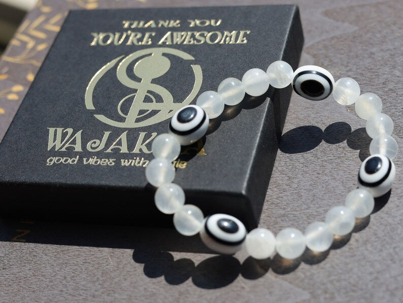 White Line Collection:  Selenite gypsum bracelet with Eye of Luck Pearls -Ethnic Pearls-Black and White. handmade!