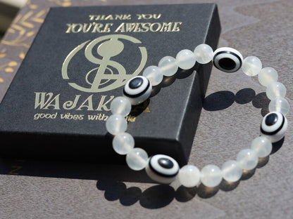 White Line Collection:  Selenite gypsum bracelet with Eye of Luck Pearls -Ethnic Pearls-Black and White. handmade!