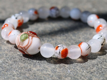 White Line Collection: Selenite gypsum bracelet with Painted Thread Mandarin beads and with beautiful white glass beads with a pattern.
