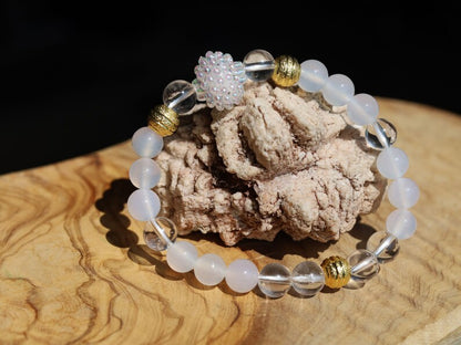 White Line Collection: White Agate bracelet with rock crystal and vely Berry Bead. Transparent Iridescent - as soap bubble