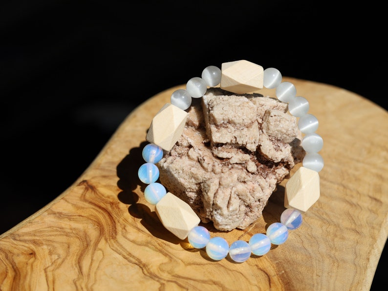 White Line Collection: Wooden Schima beads with facets with Opalite and Cats eye beads.  release emotional blockages