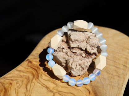 White Line Collection: Wooden Schima beads with facets with Opalite and Cats eye beads.  release emotional blockages