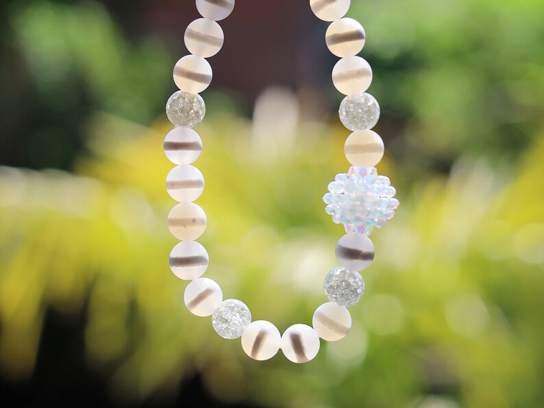 White Line Collection: White Snow Cracked Crystal Quartz with Dzi Agate Beads, Clear with White Stripe . soap bubble