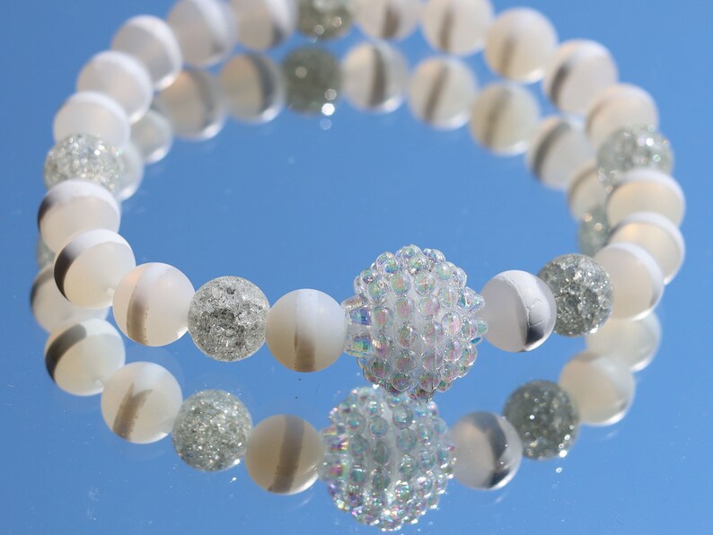 White Line Collection: White Snow Cracked Crystal Quartz with Dzi Agate Beads, Clear with White Stripe . soap bubble