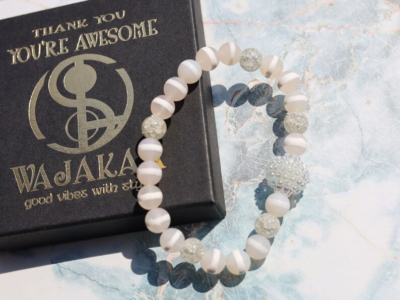 White Line Collection: White Snow Cracked Crystal Quartz with Dzi Agate Beads, Clear with White Stripe . soap bubble