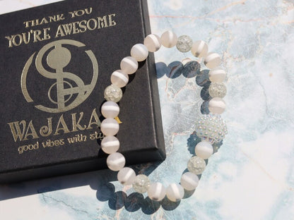 White Line Collection: White Snow Cracked Crystal Quartz with Dzi Agate Beads, Clear with White Stripe . soap bubble