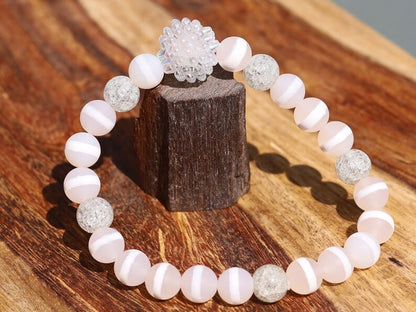 White Line Collection: White Snow Cracked Crystal Quartz with Dzi Agate Beads, Clear with White Stripe . soap bubble