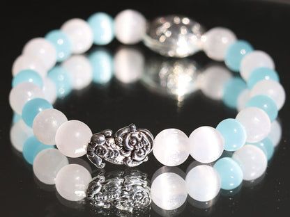 White Line Collection: Blue and white Cat's Eye Selenite bracelet with Tibetan Style Alloy Beads and a Pixiu