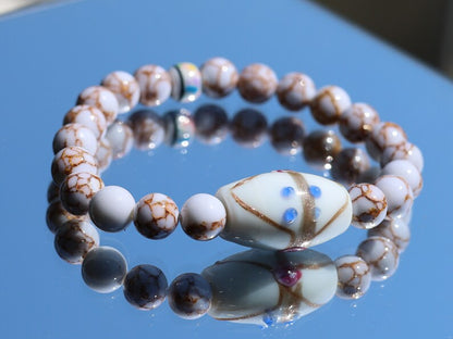 White Line Collection: White Turquoise Gold Color Wire Pine beads. Large white processed glass beads 28 mm. connection to a higher power