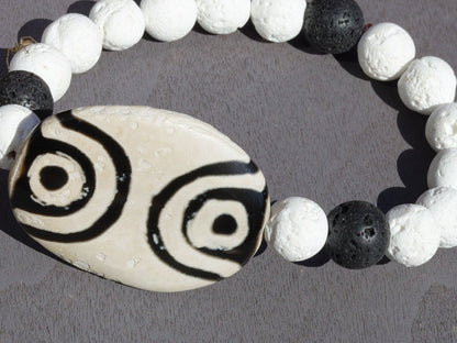 White & Black Oval Flat 4 eyed Dzi Beads, Big Flat Barrel Vintage Tibetan Agate. treasure of Himalayas to have strong properties