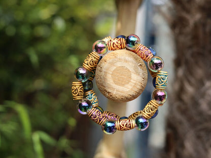 SET Holographic bracelets with Barrel Beads Imitation Wood Beads Acrylic Spaced Beads. erfect handmade gifts and on-trend unique jewelry.