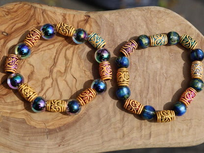 SET Holographic bracelets with Barrel Beads Imitation Wood Beads Acrylic Spaced Beads. erfect handmade gifts and on-trend unique jewelry.