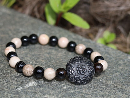 Maifanite/Maifan Stone Beaded bracelet with Black Banded Agate Onyx . With A beautiful large acrylic bead in 'Lace' look