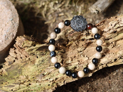 Maifanite/Maifan Stone Beaded bracelet with Black Banded Agate Onyx . With A beautiful large acrylic bead in 'Lace' look