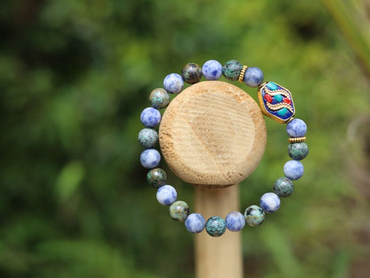 African Turquoise(Jasper) Beaded bracelet with Blue Spot Jasper and Rhombus Handmade Indonesia Bead. Free gift wrapping