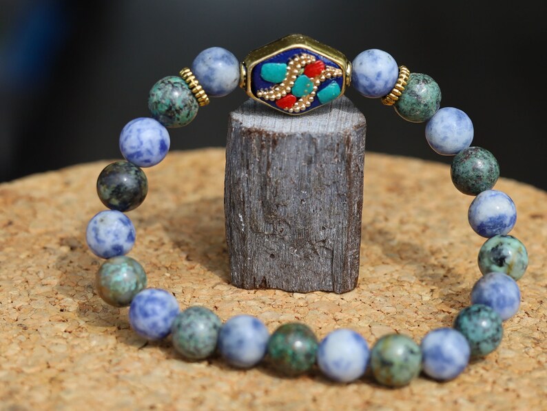 African Turquoise(Jasper) Beaded bracelet with Blue Spot Jasper and Rhombus Handmade Indonesia Bead. Free gift wrapping