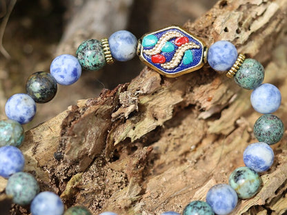 African Turquoise(Jasper) Beaded bracelet with Blue Spot Jasper and Rhombus Handmade Indonesia Bead. Free gift wrapping