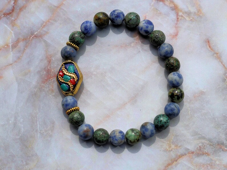 African Turquoise(Jasper) Beaded bracelet with Blue Spot Jasper and Rhombus Handmade Indonesia Bead. Free gift wrapping