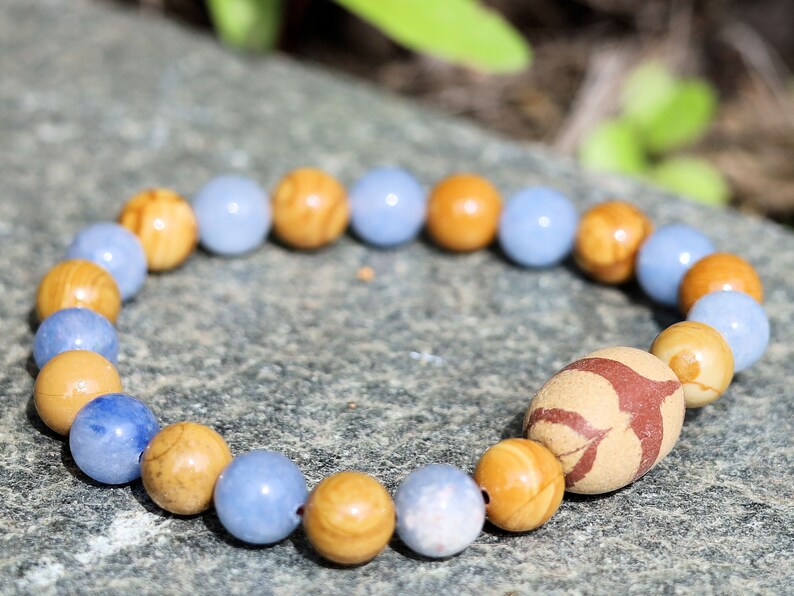Antique looking egg shaped Terracotta bracelet with Blue Aventurine and Wood Lace Agate. believed to have grounding and stabilizing energies
