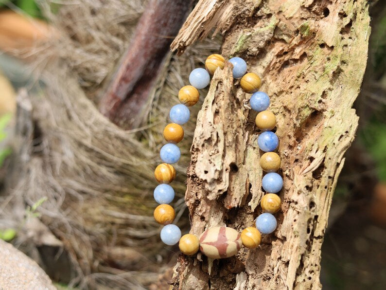 Antique looking egg shaped Terracotta bracelet with Blue Aventurine and Wood Lace Agate. believed to have grounding and stabilizing energies