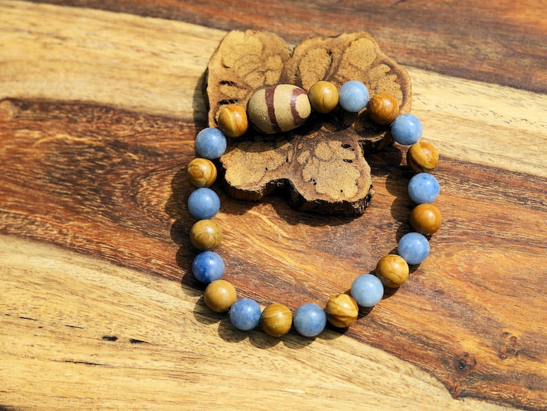 Antique looking egg shaped Terracotta bracelet with Blue Aventurine and Wood Lace Agate. believed to have grounding and stabilizing energies