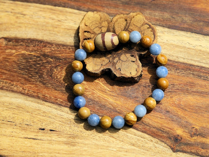 Antique looking egg shaped Terracotta bracelet with Blue Aventurine and Wood Lace Agate. believed to have grounding and stabilizing energies