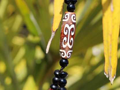 Tibetan Curved Ruyi Pattern Dzi Beads necklace. Amulet for Happiness and Increases Access to Good Luck.  protective and healing properties