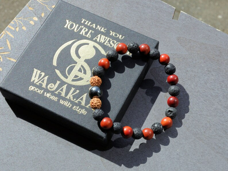 Super bead Leklai bracelet combined with Lava beads and Sandalwood Beads. And with Round Rudraksha beads.