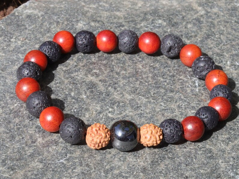 Super bead Leklai bracelet combined with Lava beads and Sandalwood Beads. And with Round Rudraksha beads.
