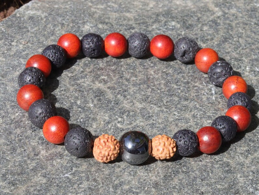 Super bead Leklai bracelet combined with Lava beads and Sandalwood Beads. And with Round Rudraksha beads.